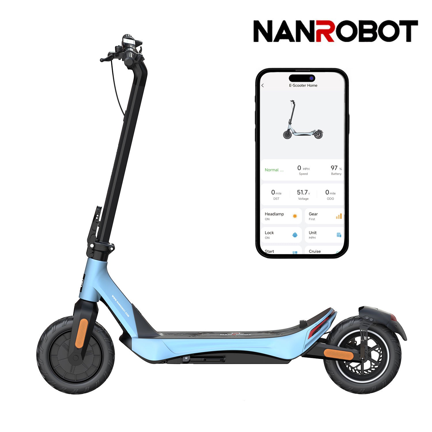 Blue NANROBOT C1 3.0 electric scooter with sleek design and foldable frame, perfect for urban commuting.